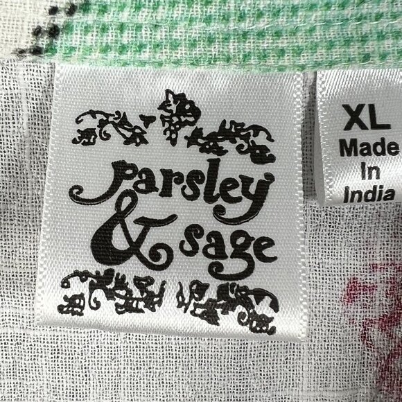 Parsley & Sage XL Bohemian Patchwork Ruffle Hi Lo Blouse Roll Tab Sleeve Artsy - Picture 14 of 16